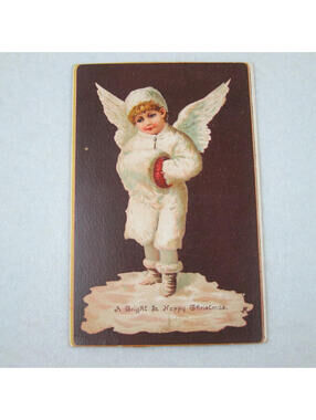 Victorian Trade Card Christmas Angel Wings Snow White Coat Boots Muff Antique